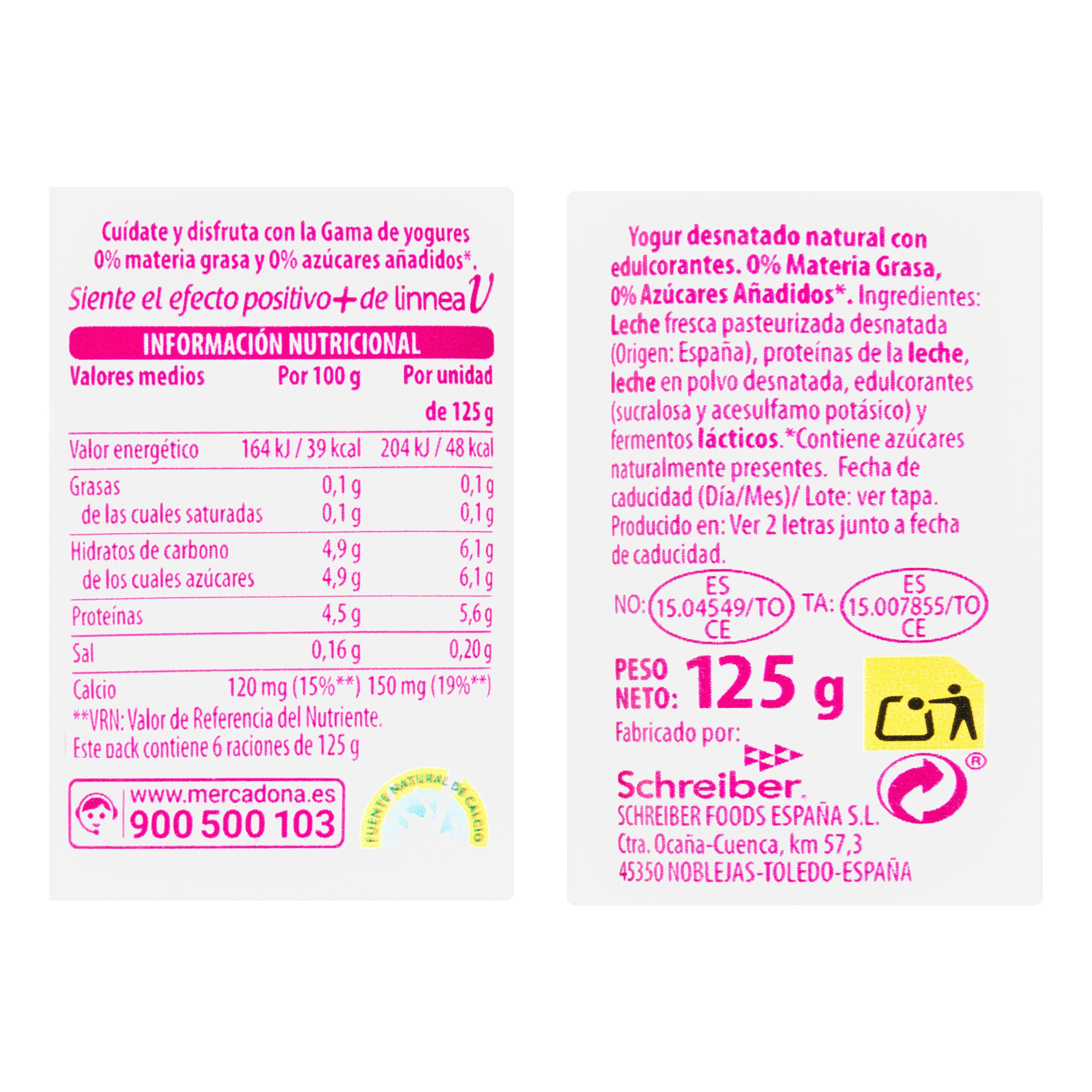 Etiqueta Yogur natural edulcorado Hacendado 0% m.g 0% sin azúcares añadidos Linnea V